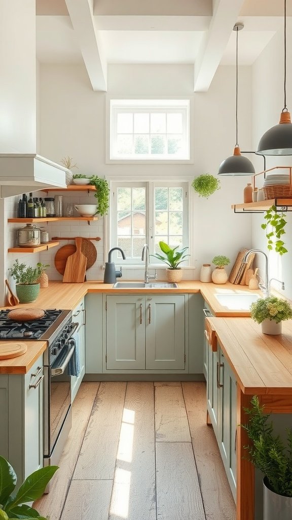A cozy farmhouse kitchen featuring wooden countertops, green plants, and a bright atmosphere.
