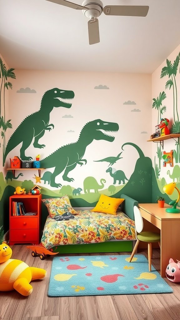 A vibrant children's bedroom featuring T-Rex wall art, colorful bedding, and playful decor.