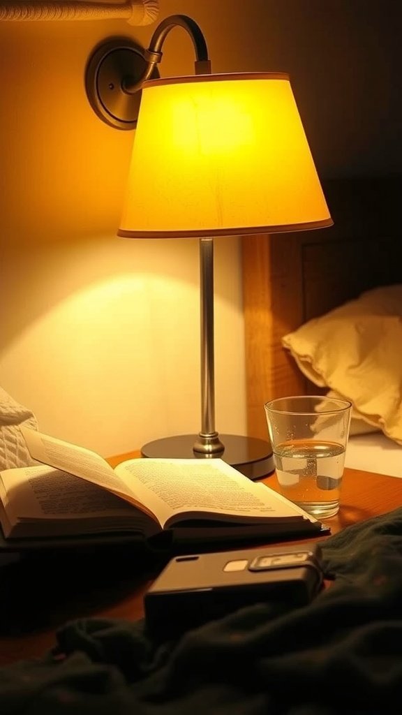 A warm-toned table lamp beside an open book and a glass of water on a wooden nightstand
