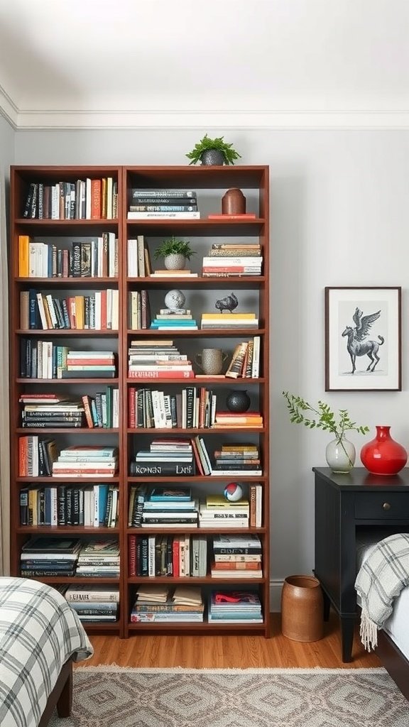 Tall wooden bookshelf filled with books and decorative items in a cozy bedroom.