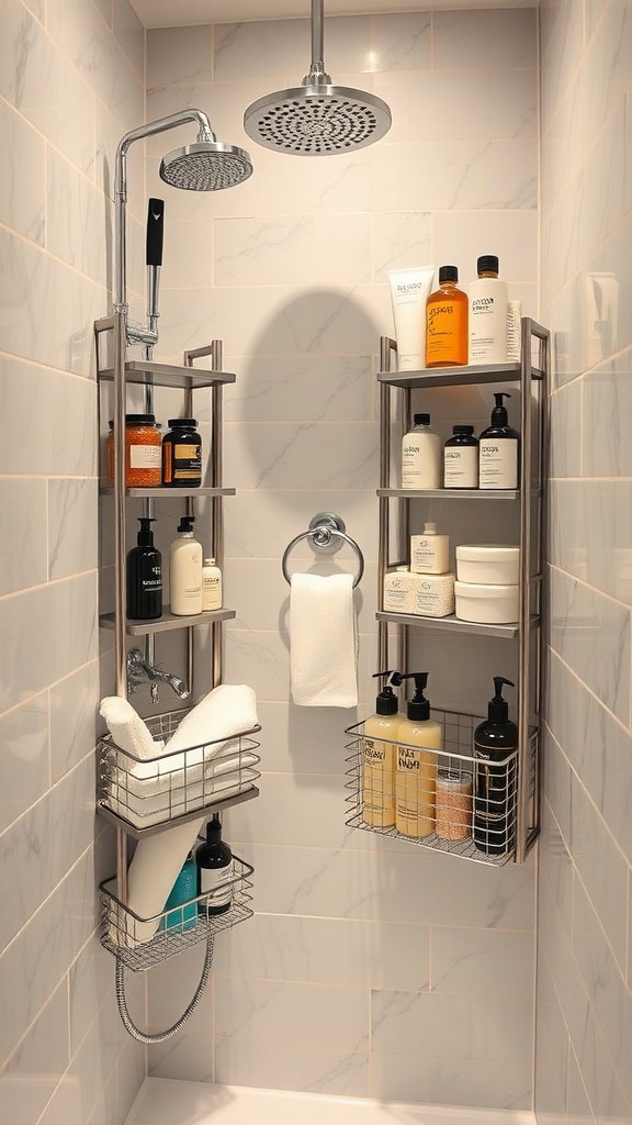 A modern shower with tall caddies holding various bottles of shampoo and body wash.