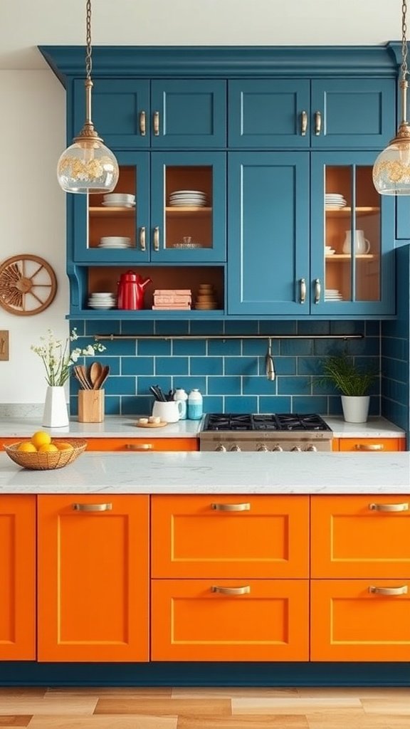 A kitchen with tangerine lower cabinets and steel blue upper cabinets, featuring a marble countertop and stylish decor.