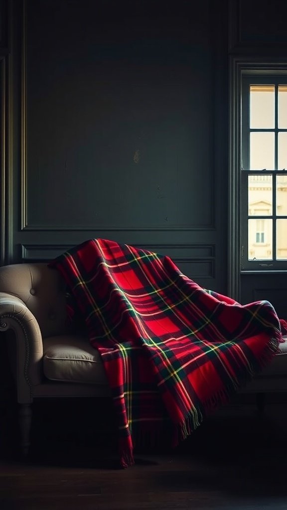 A cozy tartan blanket draped over a light-colored armchair in a dimly lit room.