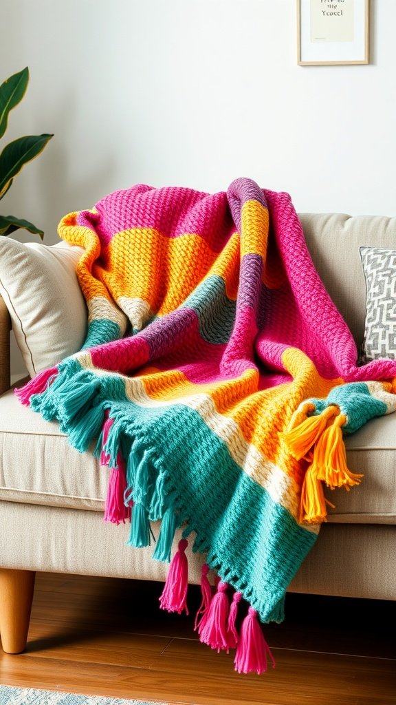 Colorful tassel throw blanket draped over a sofa.