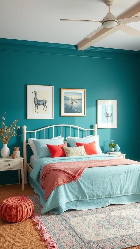 A coastal-inspired bedroom featuring teal walls with coral accents.