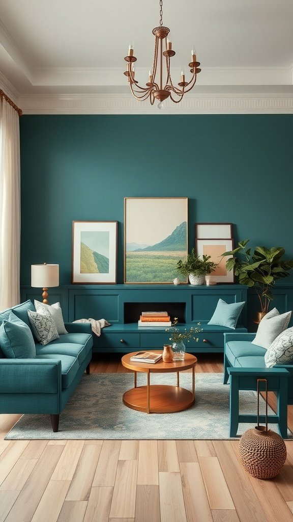 A cozy living room featuring teal walls, matching furniture, and a blend of decorative elements.