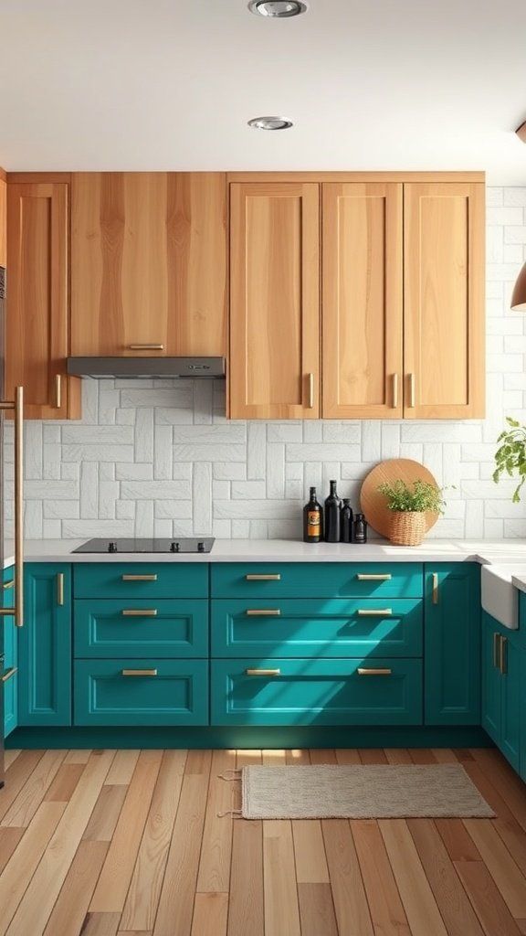 A kitchen featuring teal lower cabinets and maple upper cabinets.