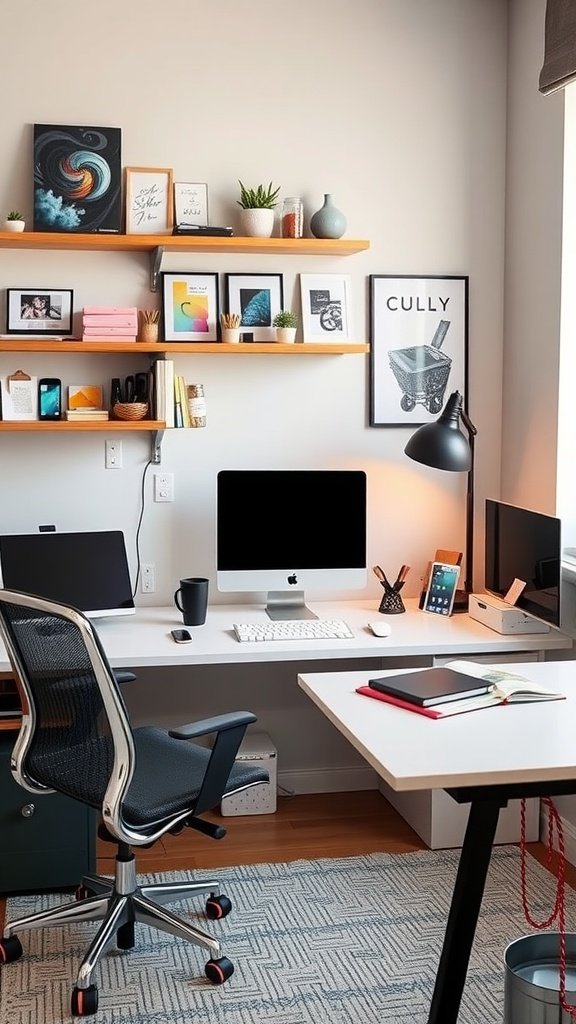A cozy home office setup with organized shelves, a computer, and a comfortable chair