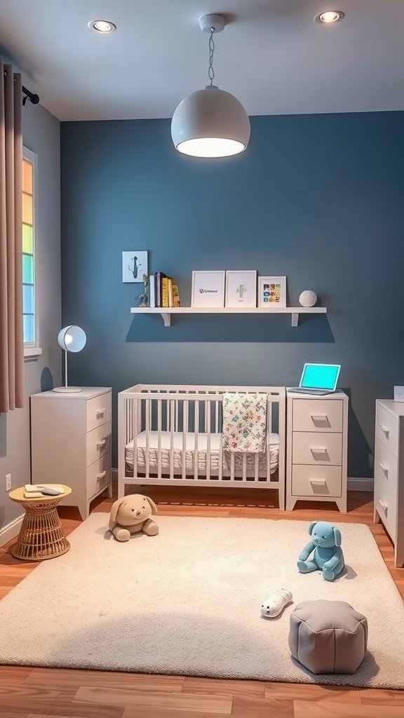 A modern nursery featuring a crib, soft toys, and smart technology.