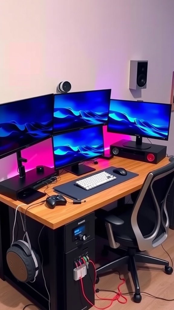 A modern study station featuring dual monitors, a comfortable chair, and stylish decor.