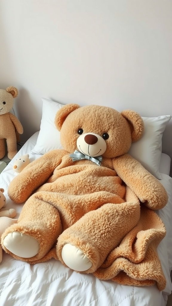 A large teddy bear fleece blanket spread out on a bed, with a cute teddy bear and smaller plush toys nearby.