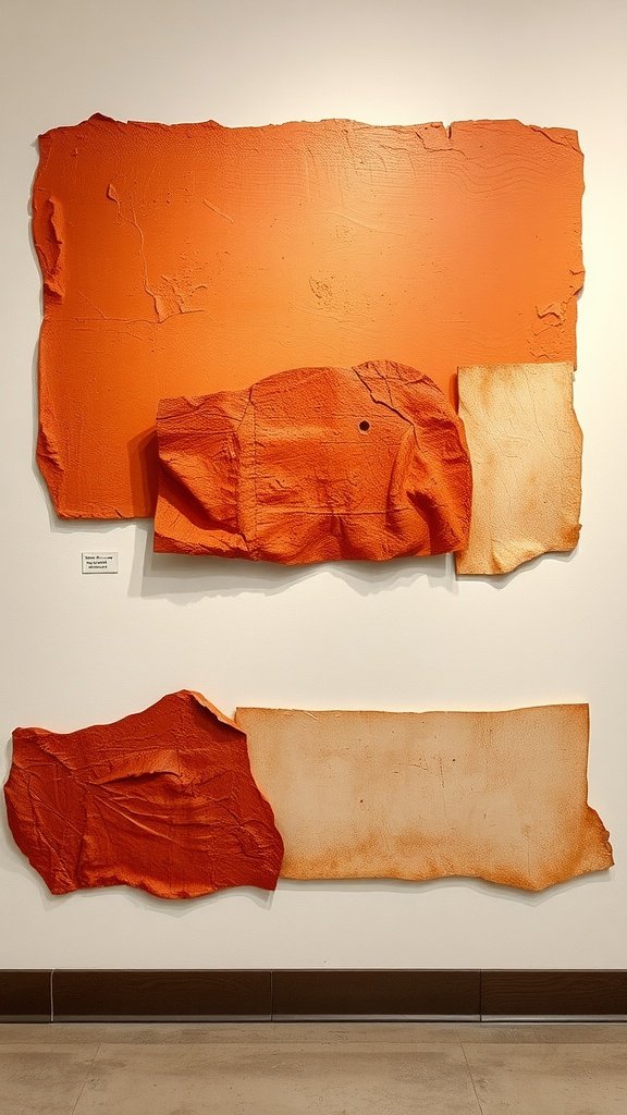 Abstract terracotta-inspired wall art with varying shades of orange and textured surfaces.