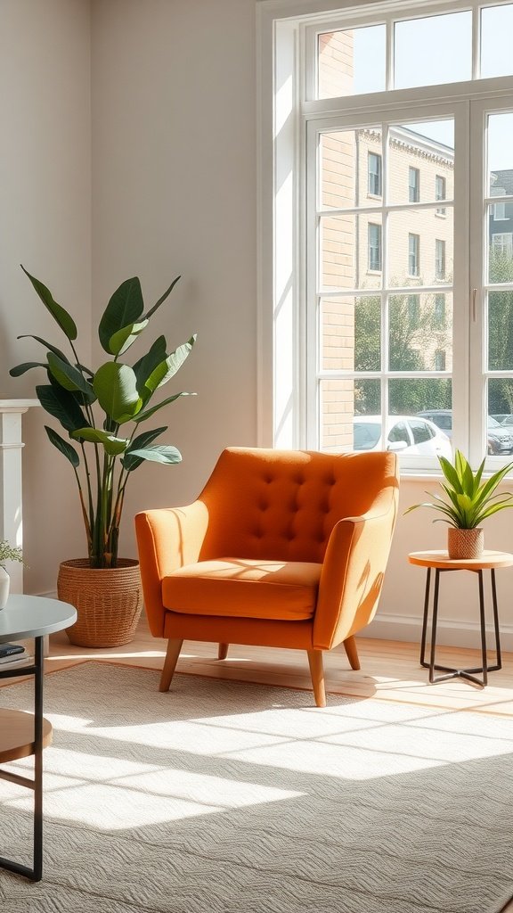 A bright terracotta accent chair in a sunny living room with plants.