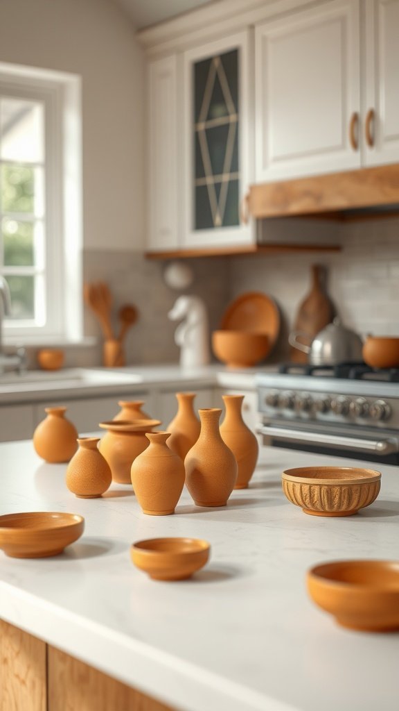 A collection of terracotta pots and bowls on a kitchen countertop.
