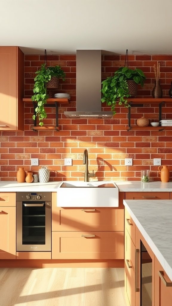 A kitchen with a terracotta backsplash, olive plants, and warm wood tones.