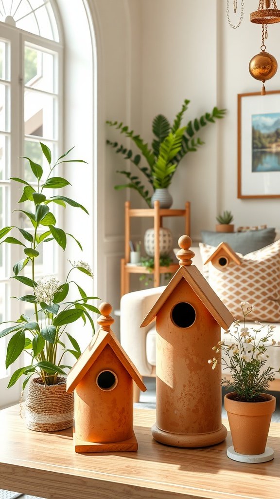 Two terracotta birdhouses on a wooden table surrounded by greenery in a bright living room.