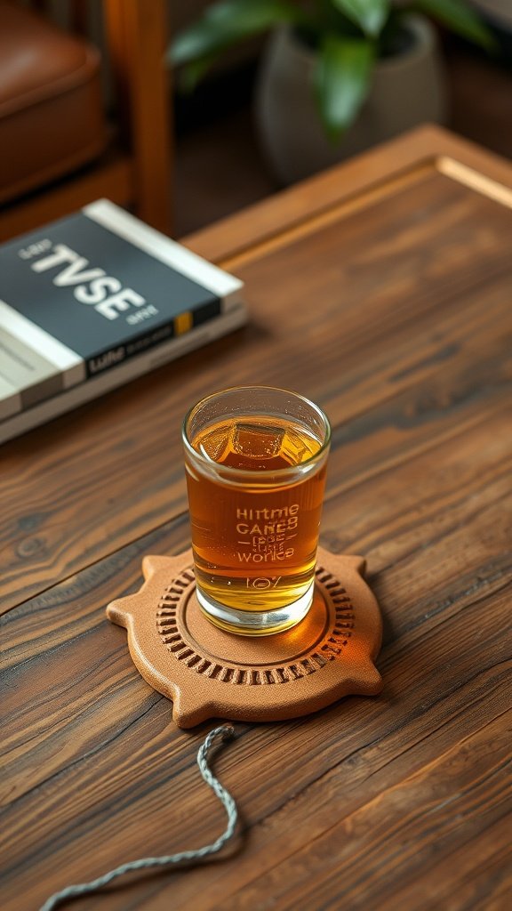 A glass of drink on a terracotta coaster on a wooden table.