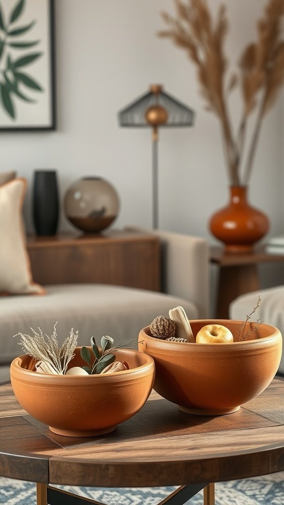 Two terracotta decorative bowls filled with natural elements on a coffee table.