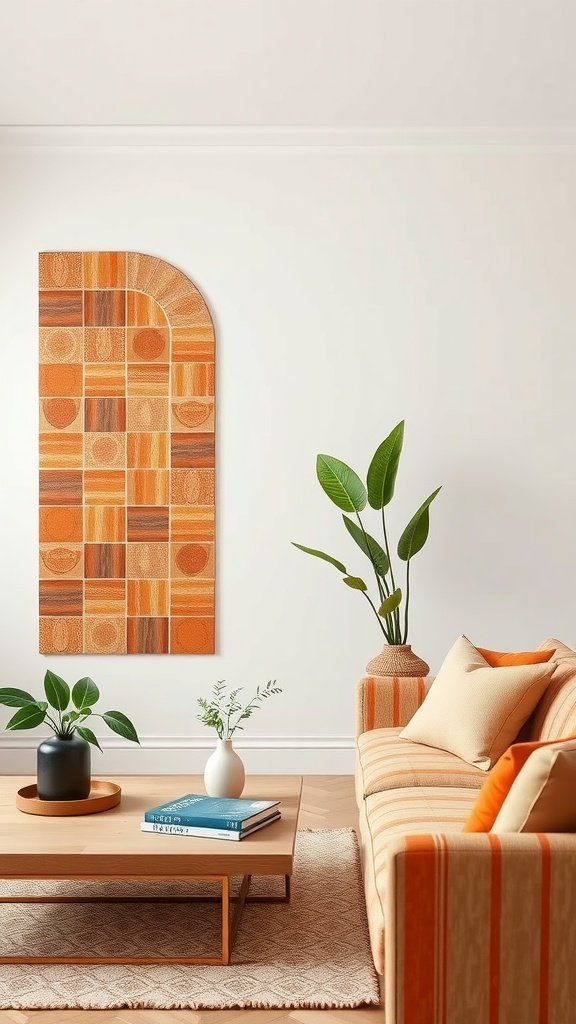 A living room featuring warm terracotta decorative tiles on the wall, with a cozy sofa and plants.