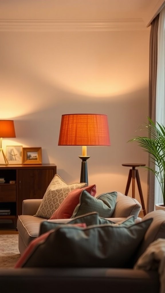 Cozy living room with terracotta lampshade casting warm light.