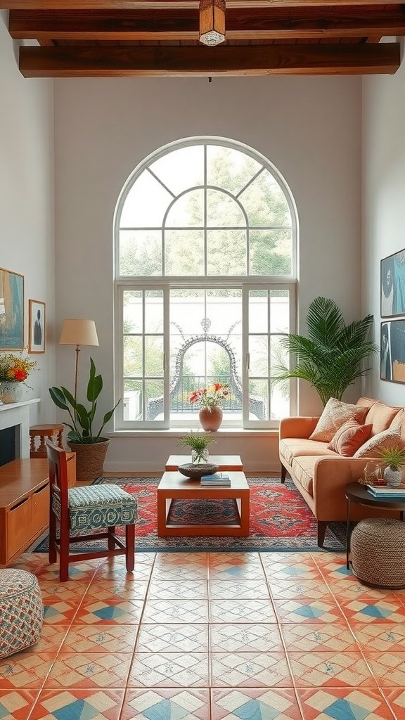 A cozy living room featuring terracotta mosaic flooring and earthy decor.
