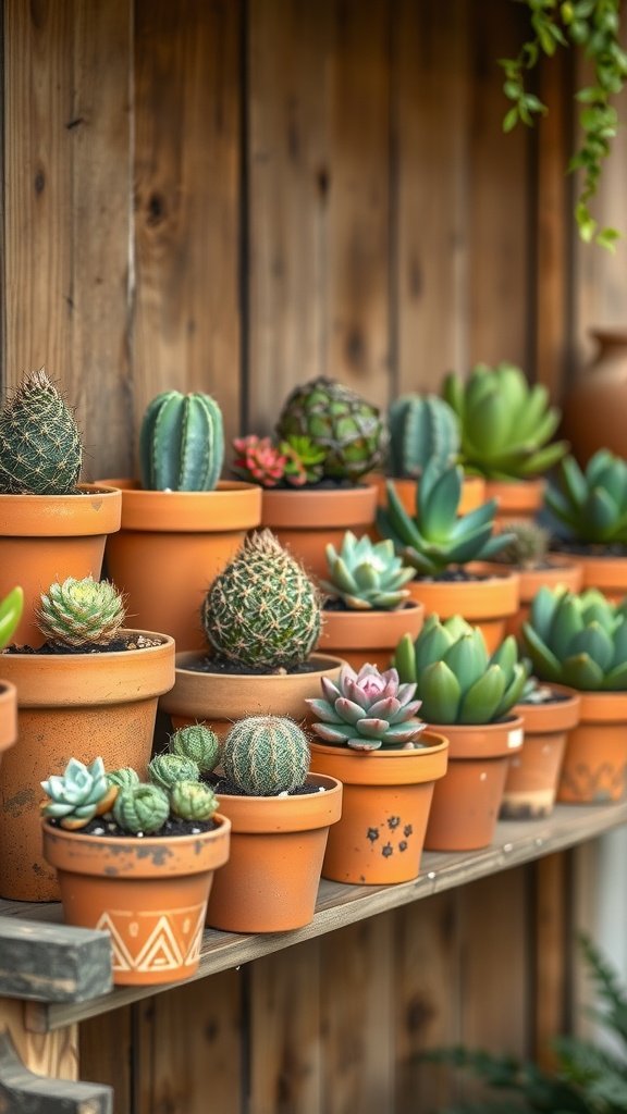A variety of succulents potted in terracotta planters on a wooden shelf.