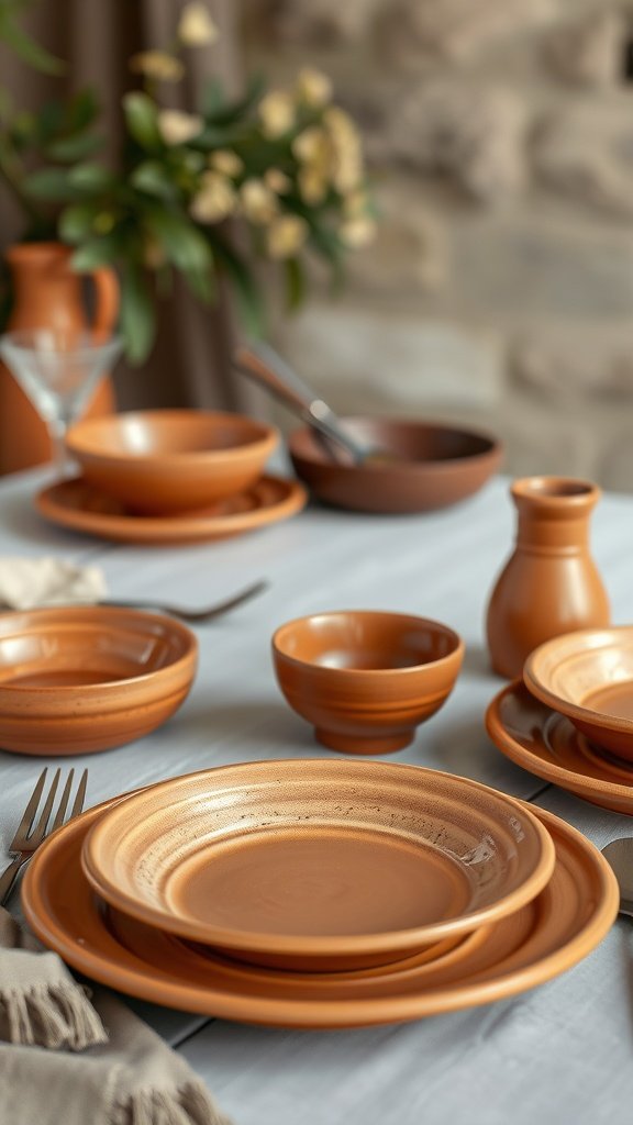 A set of terracotta plates and bowls arranged on a table, surrounded by cutlery and a vase of flowers.