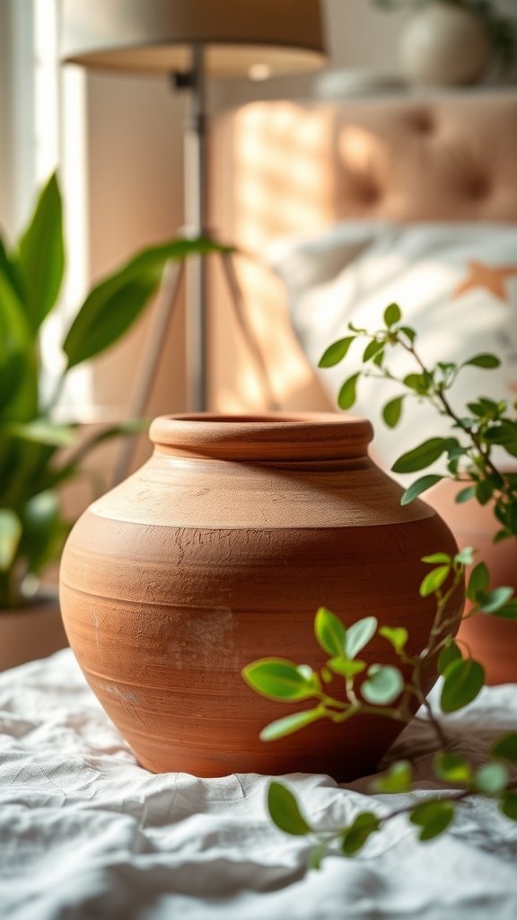 A terracotta pottery piece sitting on a bed with plants around it, creating a serene atmosphere.