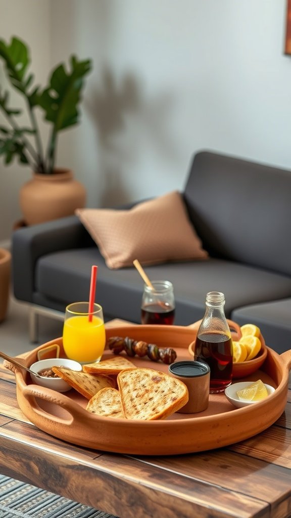 A terracotta serving tray with snacks and drinks on a coffee table.