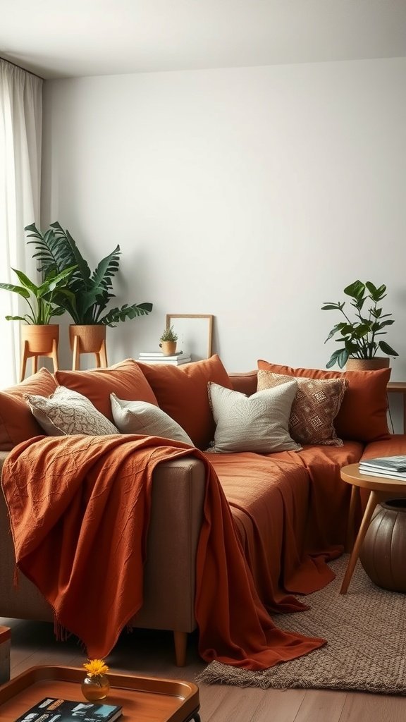 A cozy living room with terracotta textiles on a sofa, featuring cushions and a blanket.