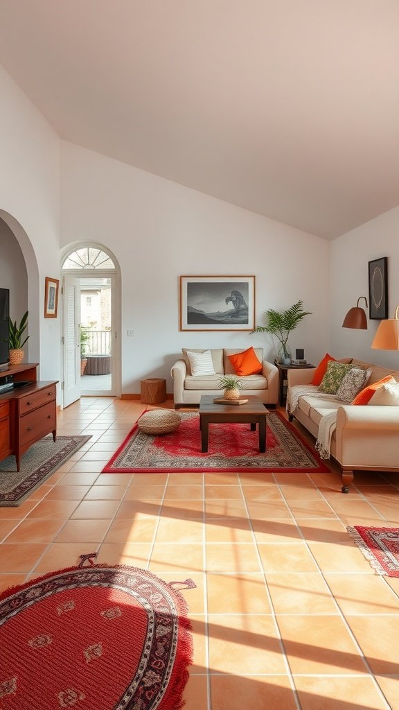 A bright living room with terracotta tiles and cozy furniture.