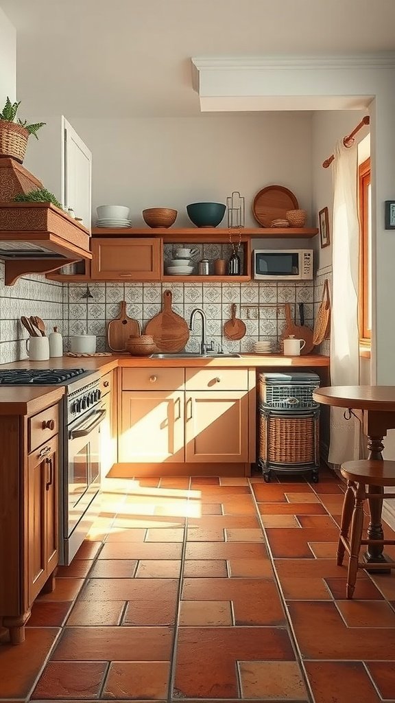 A cozy kitchen featuring terracotta tiling, olive accents, and warm wood tones.