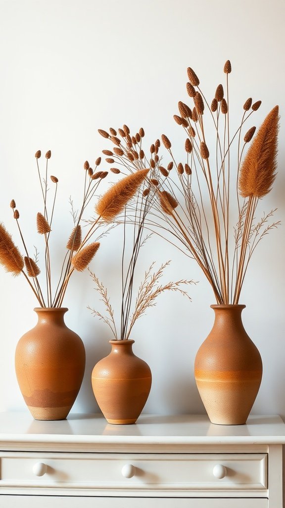 Three terracotta vases with dried flowers on a white surface.