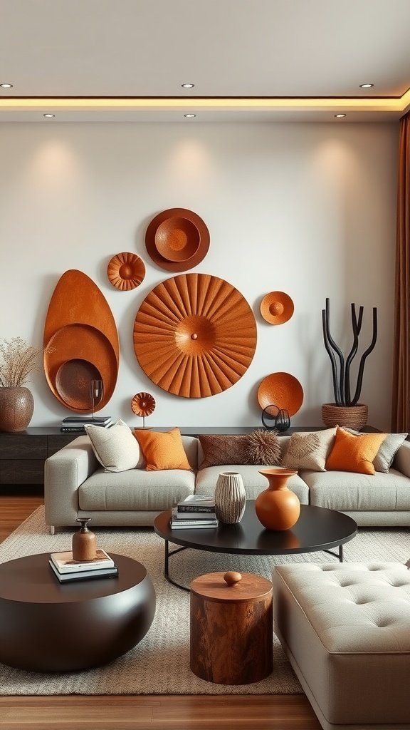 A cozy living room with various terracotta wall art pieces, including plates and a framed portrait.