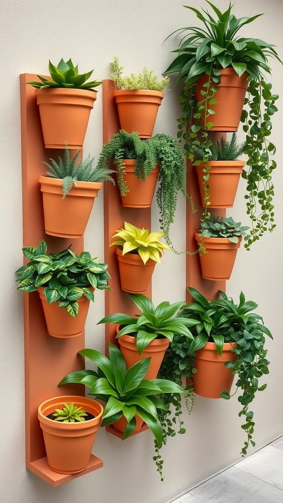 A vertical arrangement of terracotta wall planters filled with various green plants.