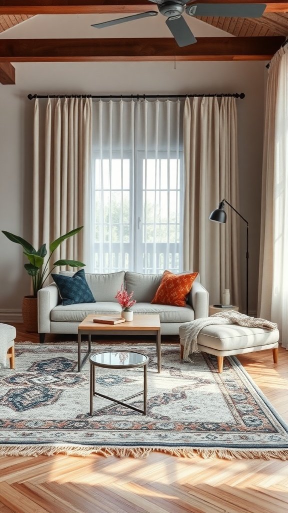 A modern living room featuring a plush rug, elegant curtains, and a cozy sofa with decorative pillows.
