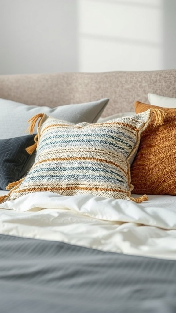 A cozy bed with various textured accent pillows in different colors and patterns.