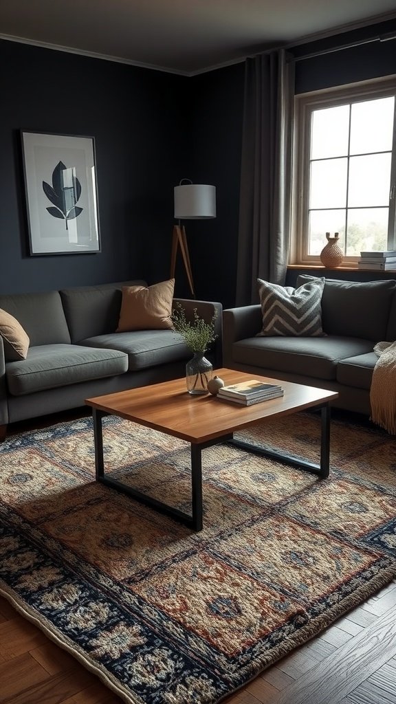 A cozy living room featuring a textured area rug, gray sofas, and wooden furniture.