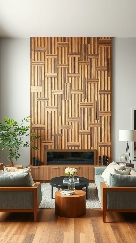 A living room featuring a textured bamboo accent wall, styled with comfortable furniture and greenery.