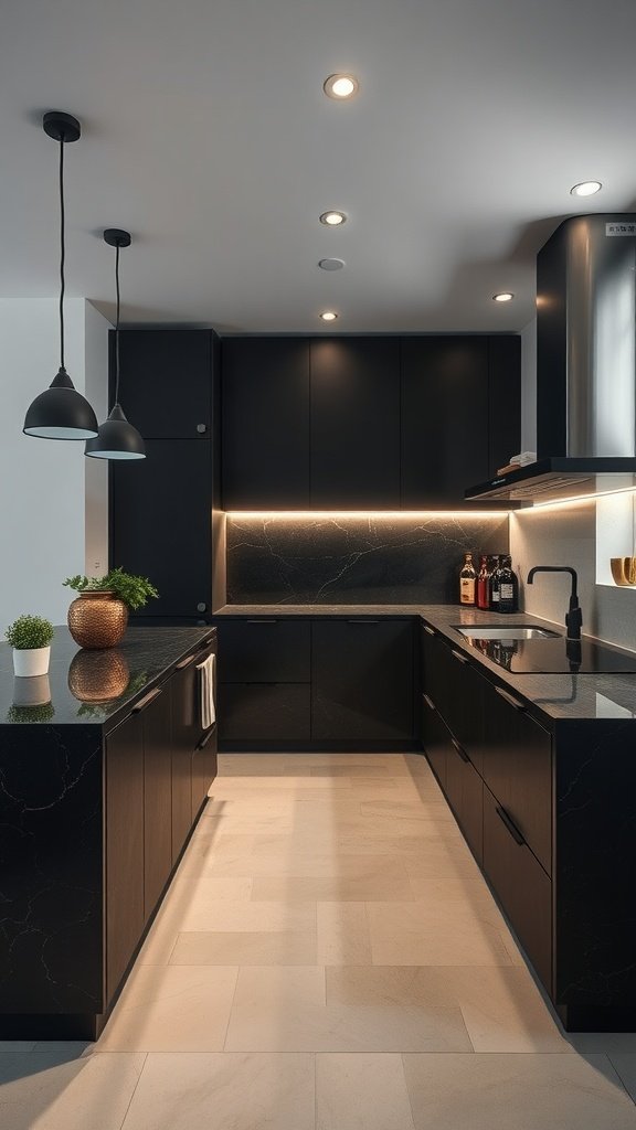 Modern kitchen with textured black countertops and dramatic lighting.
