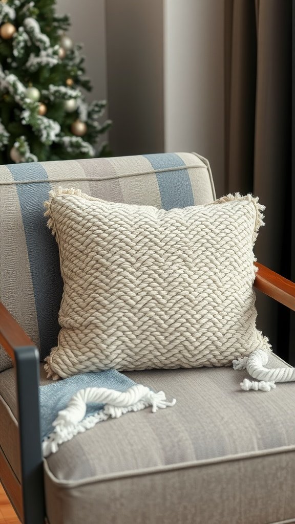 Textured decorative pillow on a chair beside a Christmas tree
