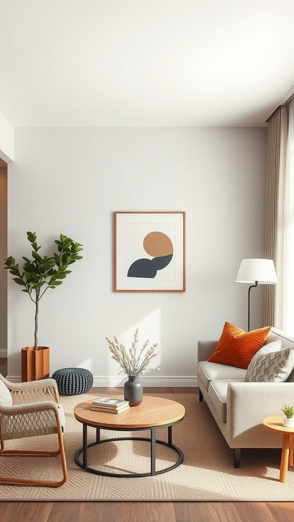 Minimalist living room featuring textured fabrics like cushions and throws.