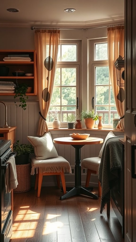 A cozy kitchen corner with cushioned chairs, warm lighting, and potted plants.