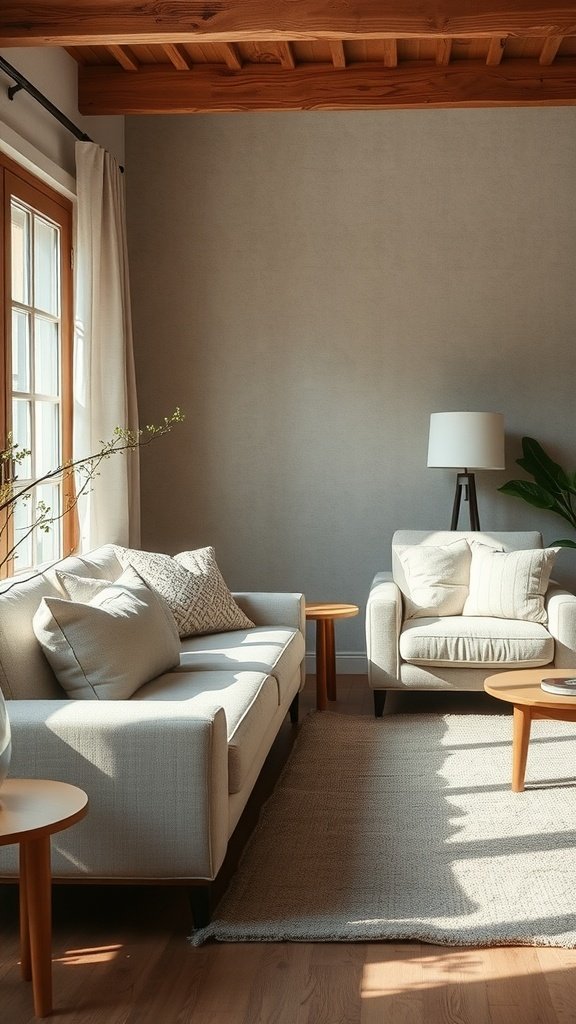 Cozy French country living room with textured fabrics and warm wood accents.