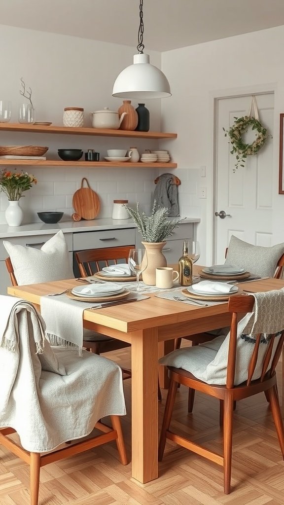 A cozy kitchen with a textured fabric table setting and neutral tones.