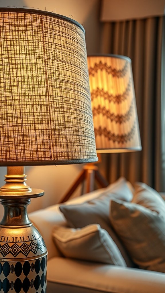 A beautifully lit floor lamp with a textured lampshade in a cozy living room setting.