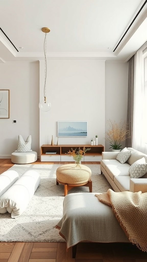A modern living room featuring off-white textures and layered decor.