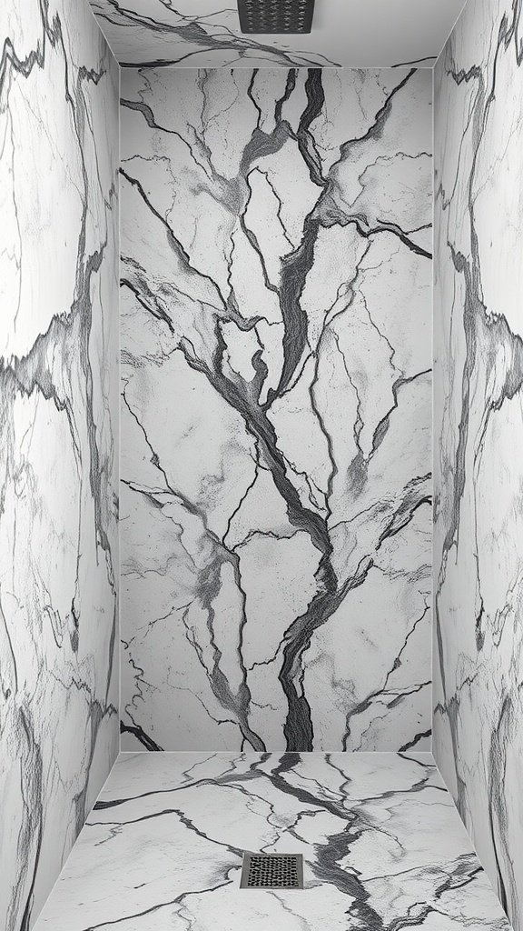 A modern shower featuring textured marble walls and floor with unique veining.