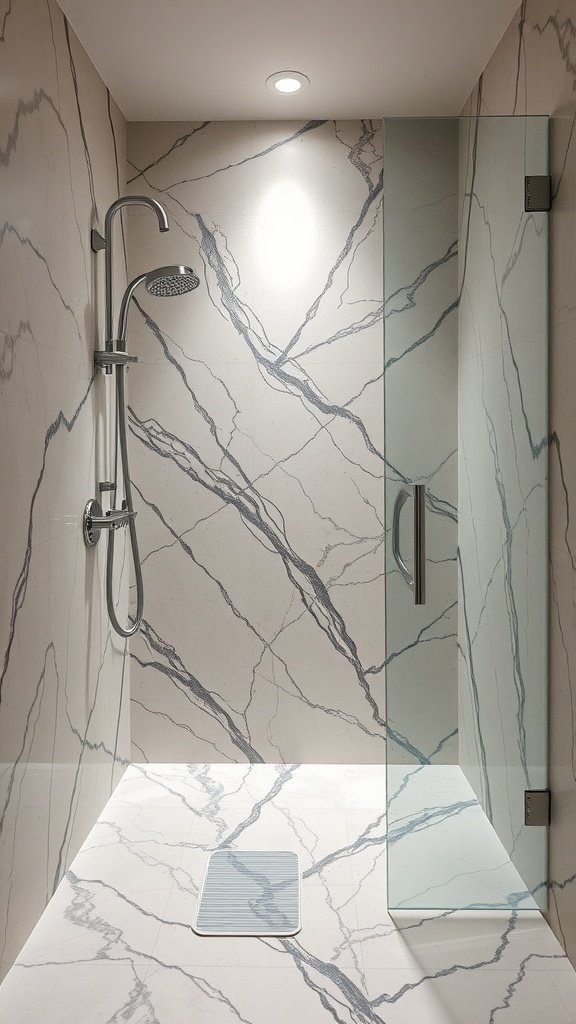 A modern shower featuring sleek marble veining and a clear glass door.