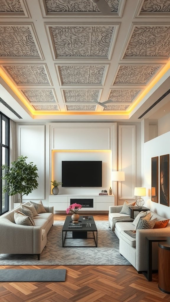 Living room with textured ceiling panels and modern decor.